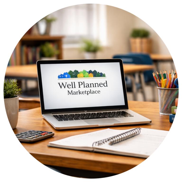 School desk with learning supplies and a laptop for educational resources